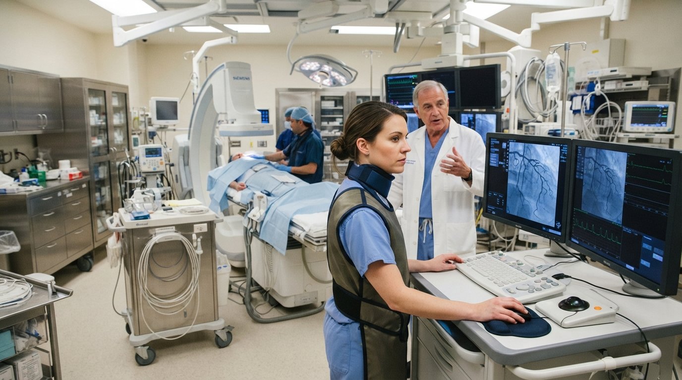 Cardiovascular technologist in blue scrubs and lead apron reviews cardiac imaging at a catheterization lab workstation…