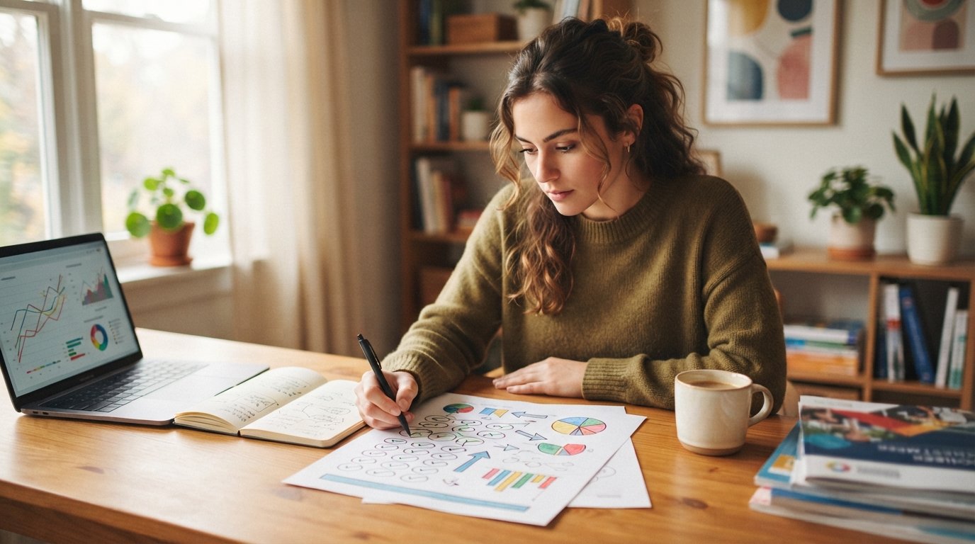Young adult reviewing a printed career aptitude assessment with colorful charts at a sunlit desk beside a laptop, notebook,…