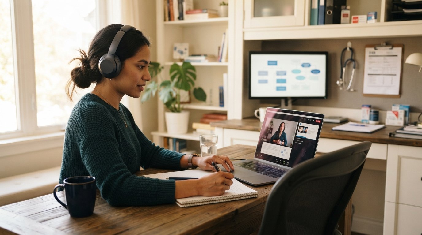 Professional in business casual at a home desk with laptop, notebook, and headset, studying online with a healthcare…