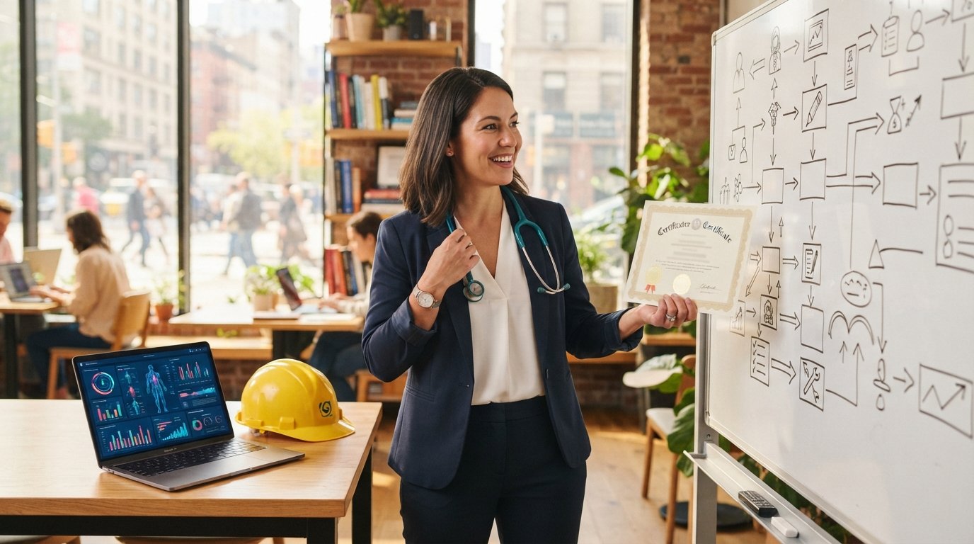 Woman in business casual holding a certificate and stethoscope in a bright co-working space with a laptop and hard hat on…