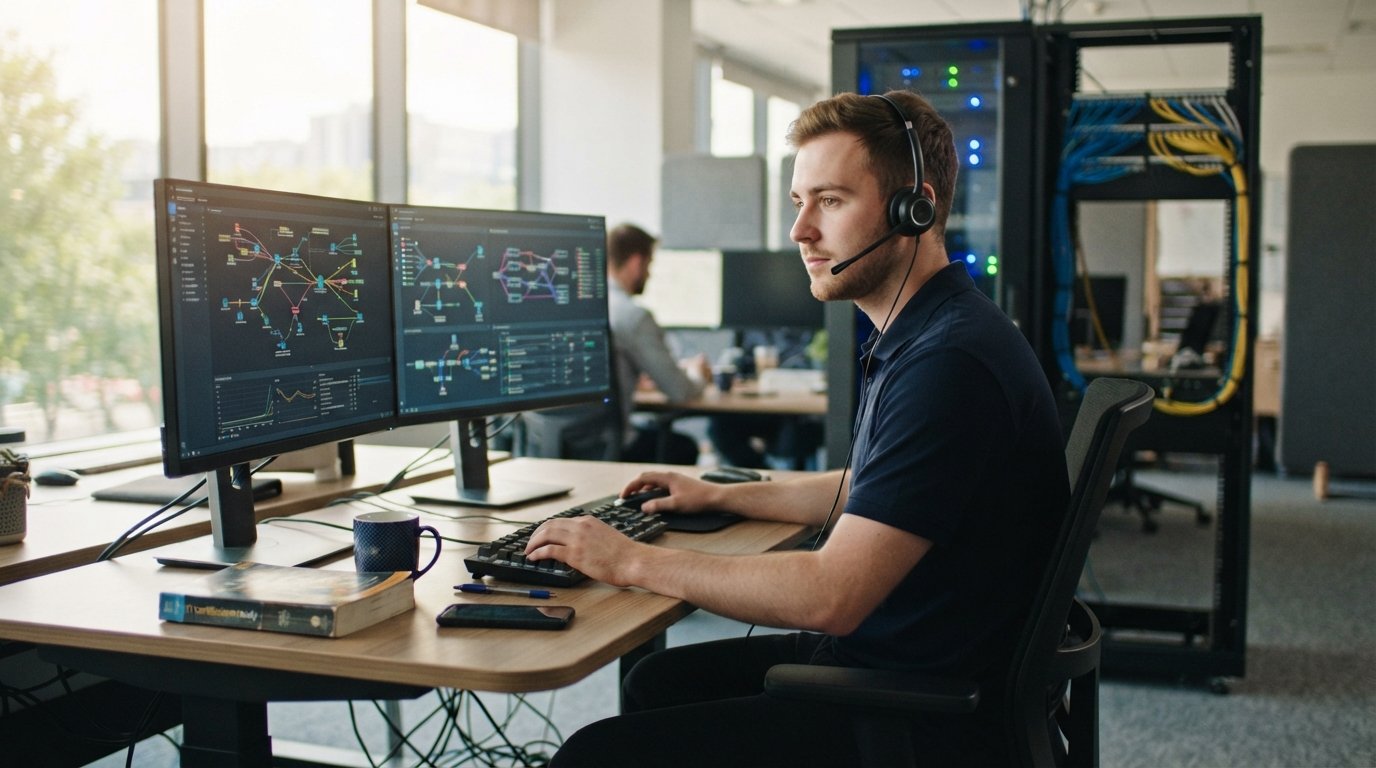 IT support technician in navy polo and headset works at dual monitors showing network diagrams, with server rack and cables…