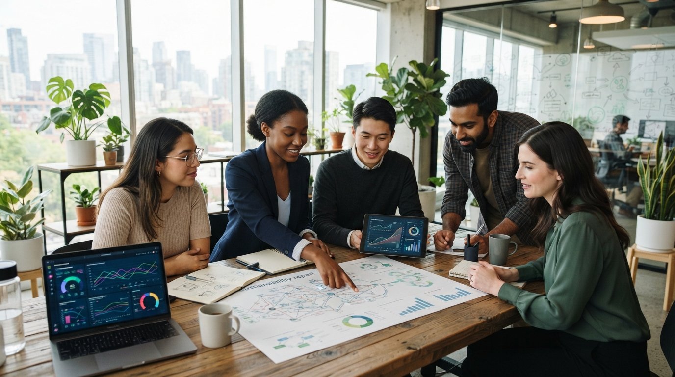 Diverse team in a bright office reviews charts, a tablet with emissions graphs, and a supply chain map at a table with plants