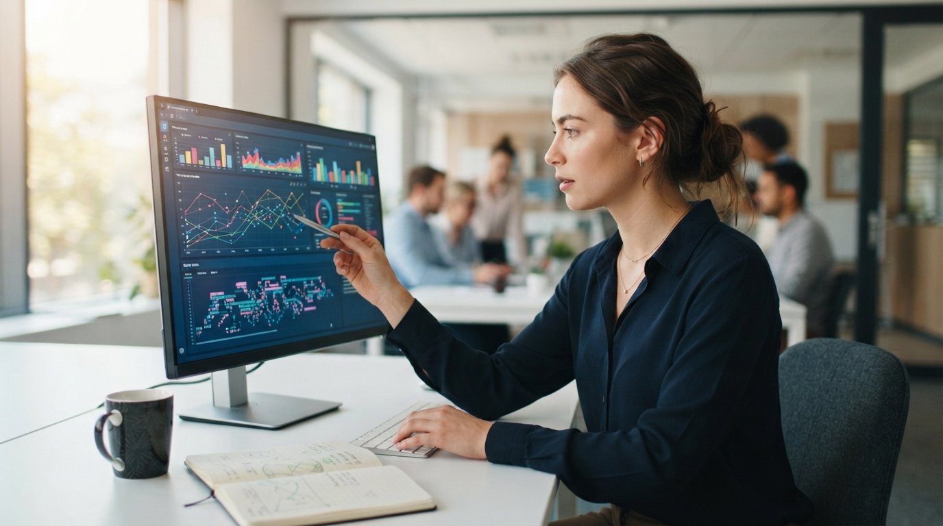 Young data analyst in a navy shirt reviews colorful dashboard charts on a large monitor at a white desk with a notebook and…