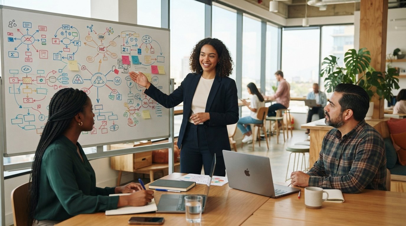 Graduate in navy blazer points to a whiteboard with diagrams and sticky notes while two professionals watch in a bright…