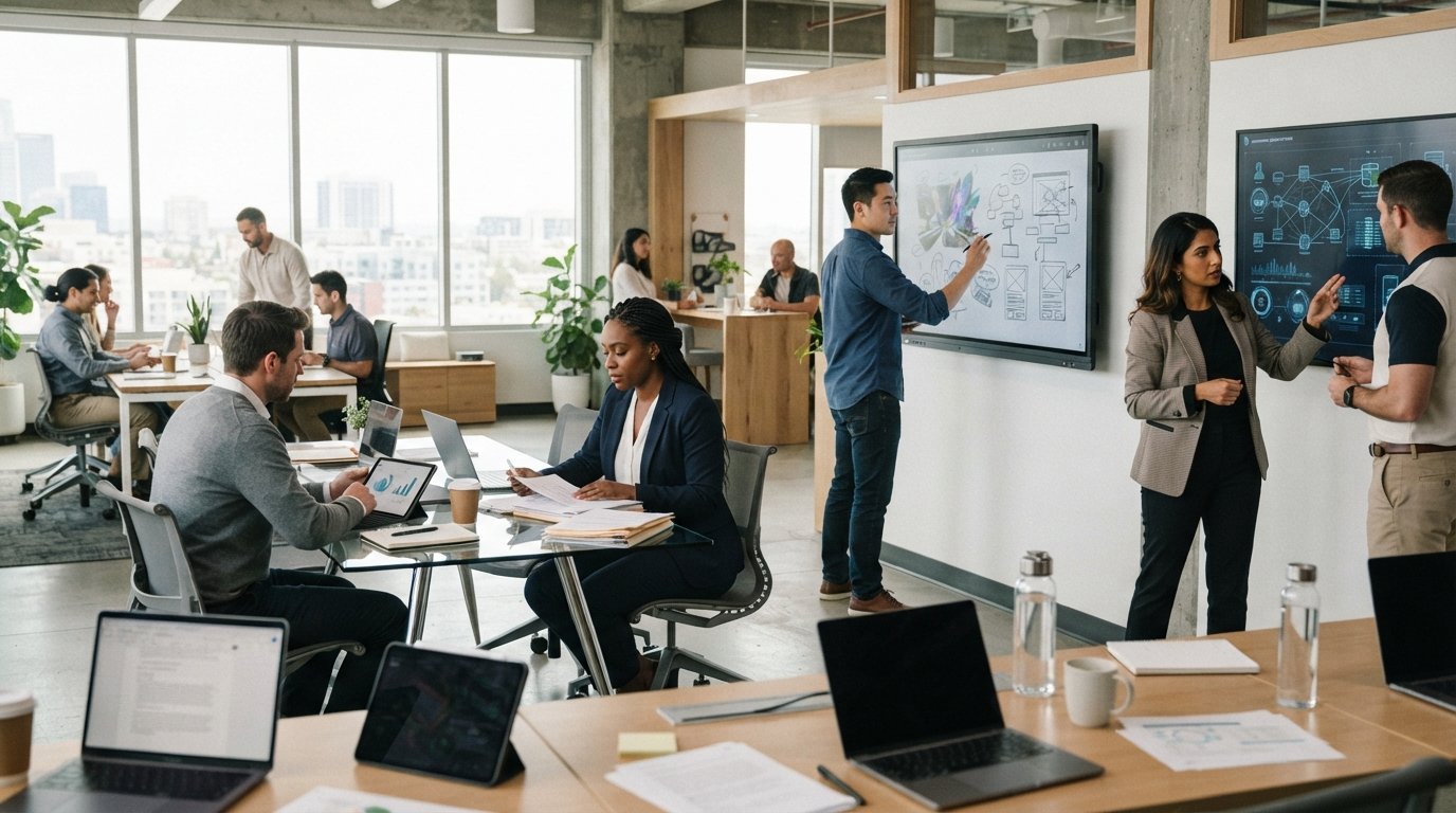Three professionals in a bright open-plan office: a woman reviewing policy documents, a man sketching digital environment…