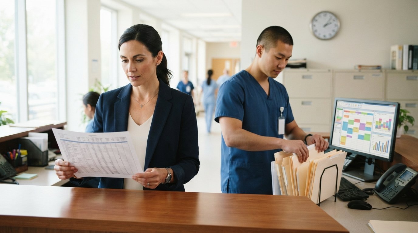 Woman in navy blazer reviews a printed spreadsheet at a clinic front desk while a colleague in scrubs organizes patient…