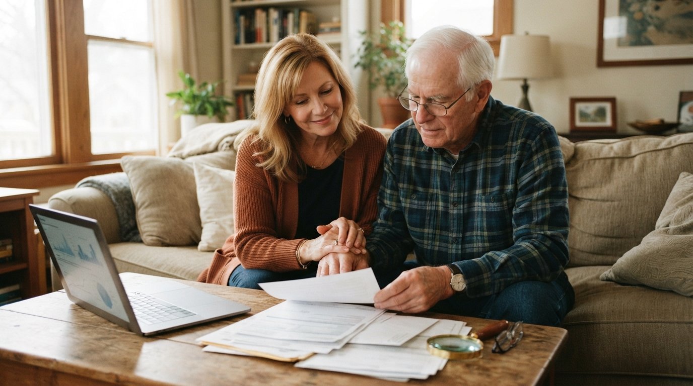 Middle-aged daughter holding her elderly father's hand while they review Medicare documents on a laptop at home