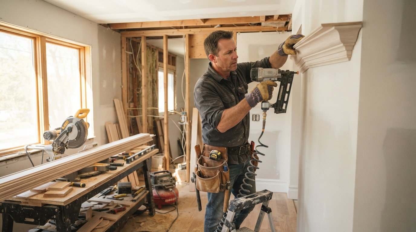 Carpenter in a tool belt and work gloves fitting crown molding and baseboard trim in a bright kitchen with exposed wood…