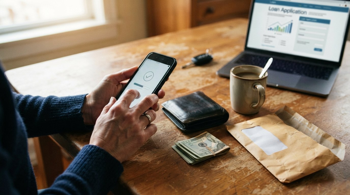 Hands holding a smartphone showing a payment screen, with a wallet, cash, coffee, and an unpaid bill on a wooden table