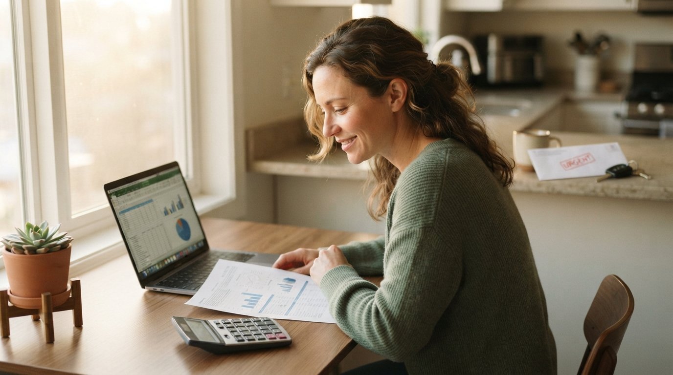 Person at a home office desk comparing loan documents on a laptop and paper, with a calculator nearby, looking relieved