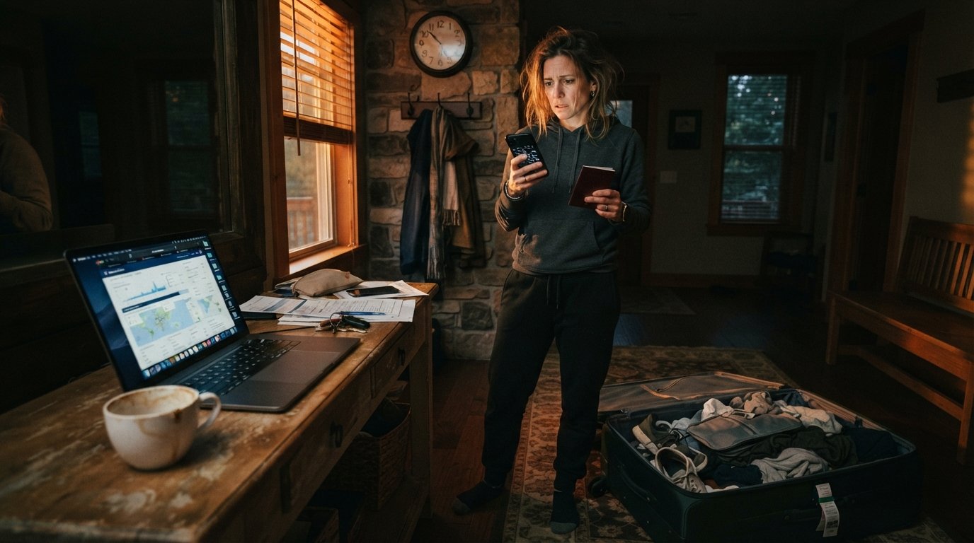 Stressed traveler in a dim entryway at dawn holds a smartphone and passport beside an open suitcase, wall clock, laptop…