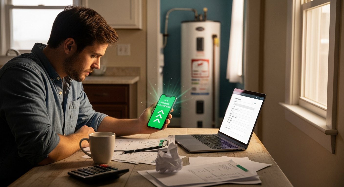 Man in his 30s holding a smartphone showing loan approval, with a laptop and paperwork on a kitchen table