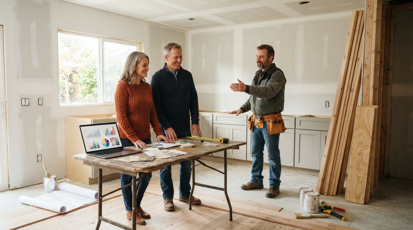 Couple in sweaters stands by a folding table with a laptop showing charts as a contractor gestures toward new cabinets and…