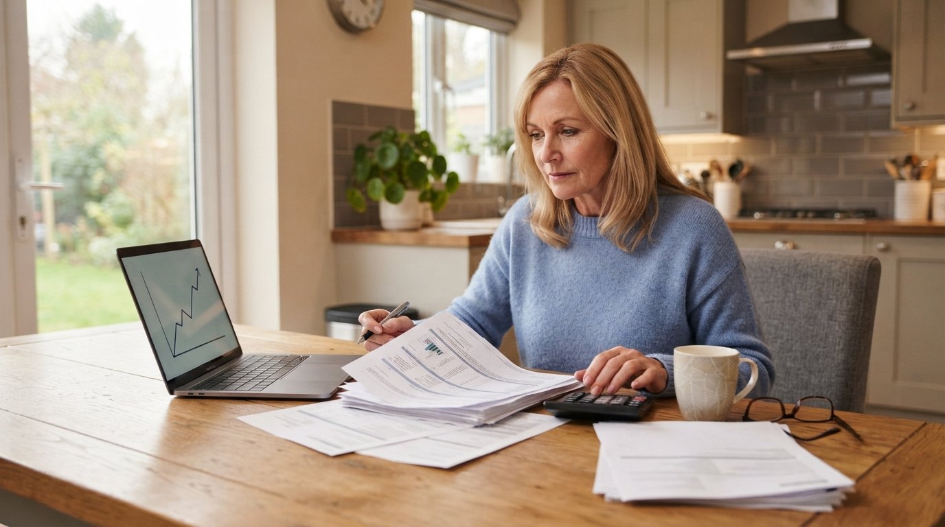 Homeowner at a kitchen table reviewing refinance paperwork with a calculator, laptop showing a home equity graph, and…