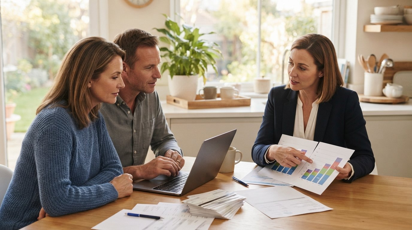 Couple sits at a kitchen table with a laptop, credit card bills, and a mortgage statement while an agent points to two…