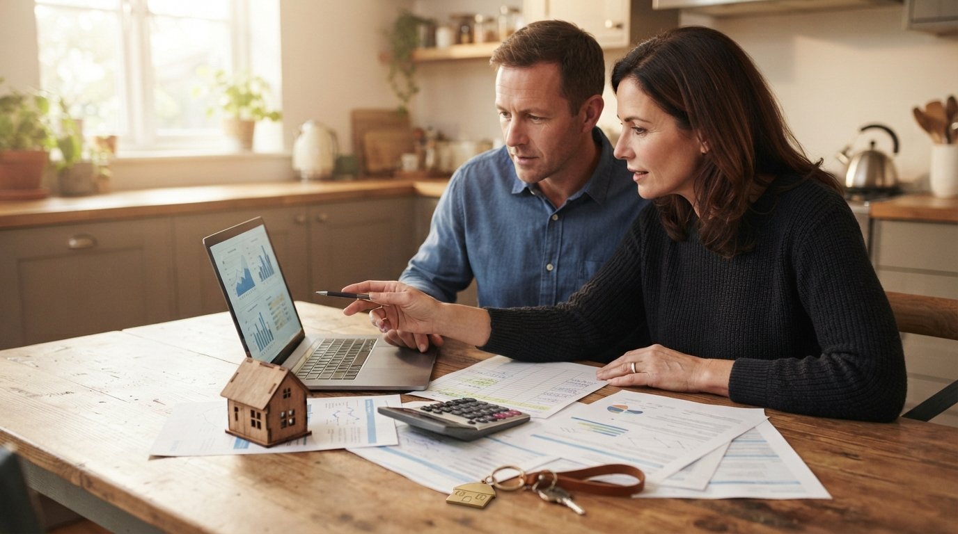 Couple reviewing financial documents and a laptop at a kitchen table with a calculator, house keychain, and model home