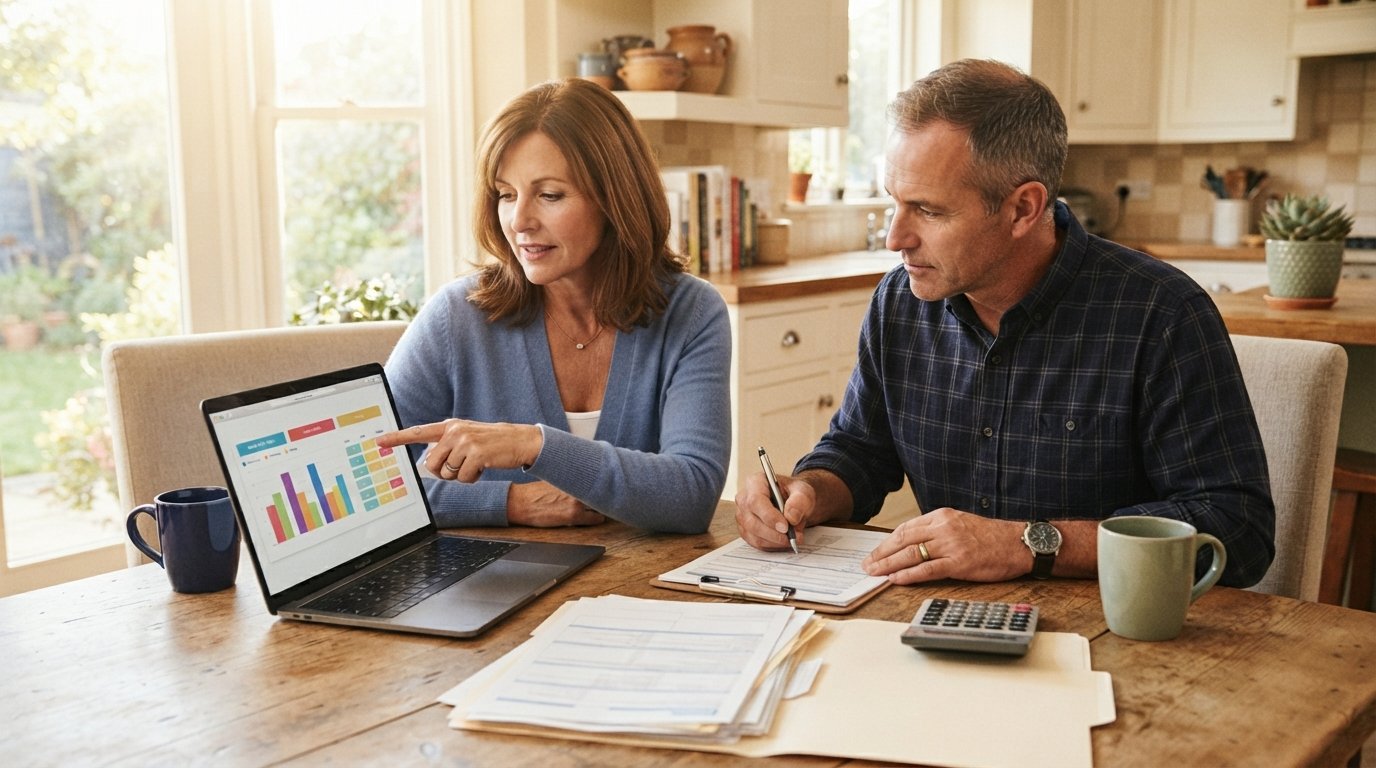 Couple at a sunlit kitchen table reviewing insurance paperwork and a laptop with a plan comparison chart, calculator and…