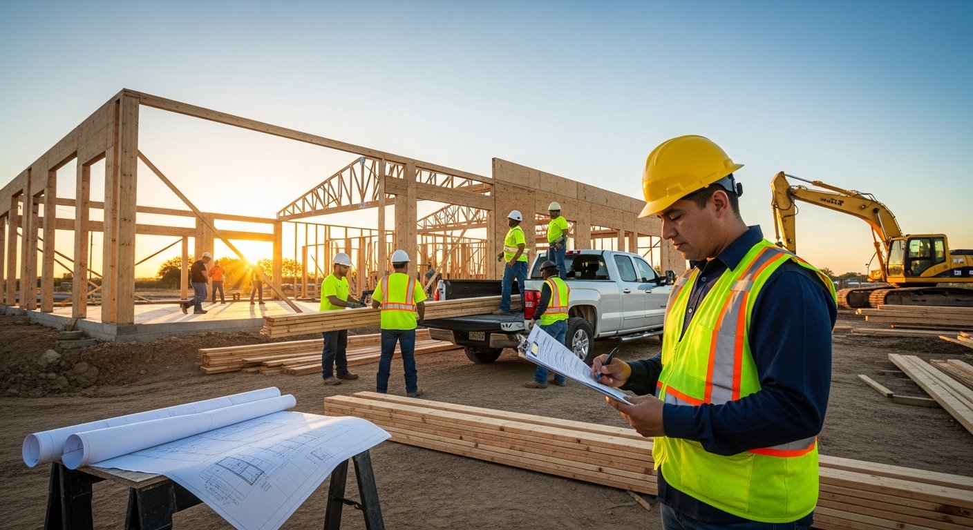 Hispanic site supervisor in hard hat and reflective vest holding clipboard with insurance document at Texas construction…