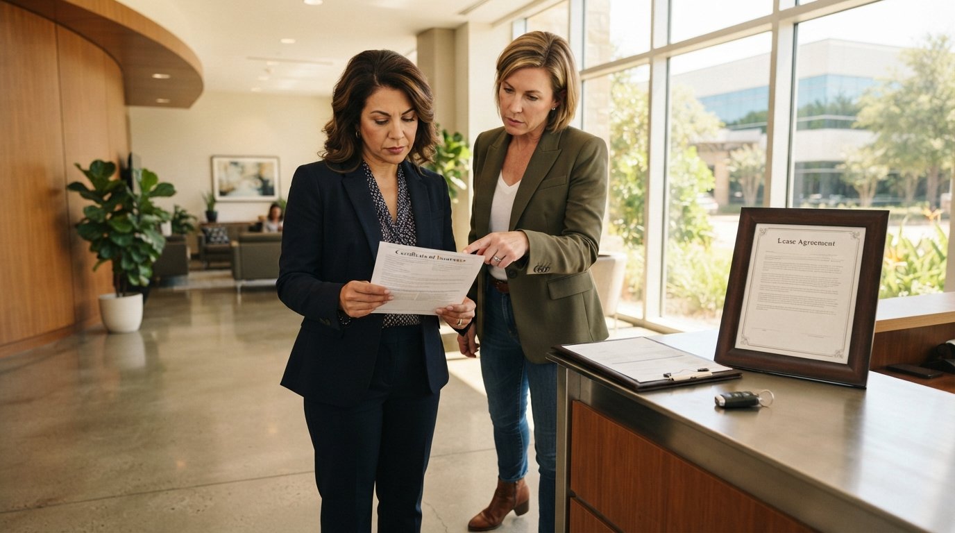 Texas businesswoman and landlord in an office lobby examine a certificate of insurance document together