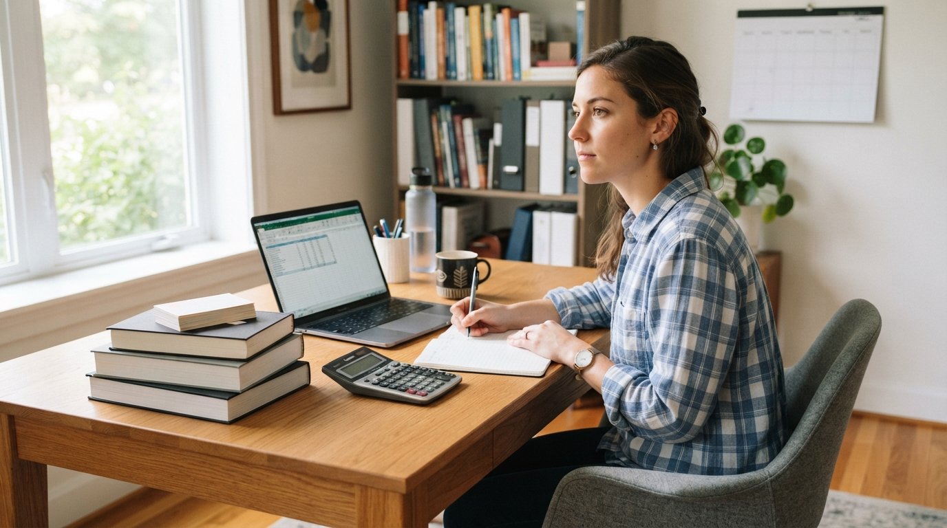 Student in a button-down shirt taking notes at a wooden desk with a laptop showing a spreadsheet, a calculator, accounting…