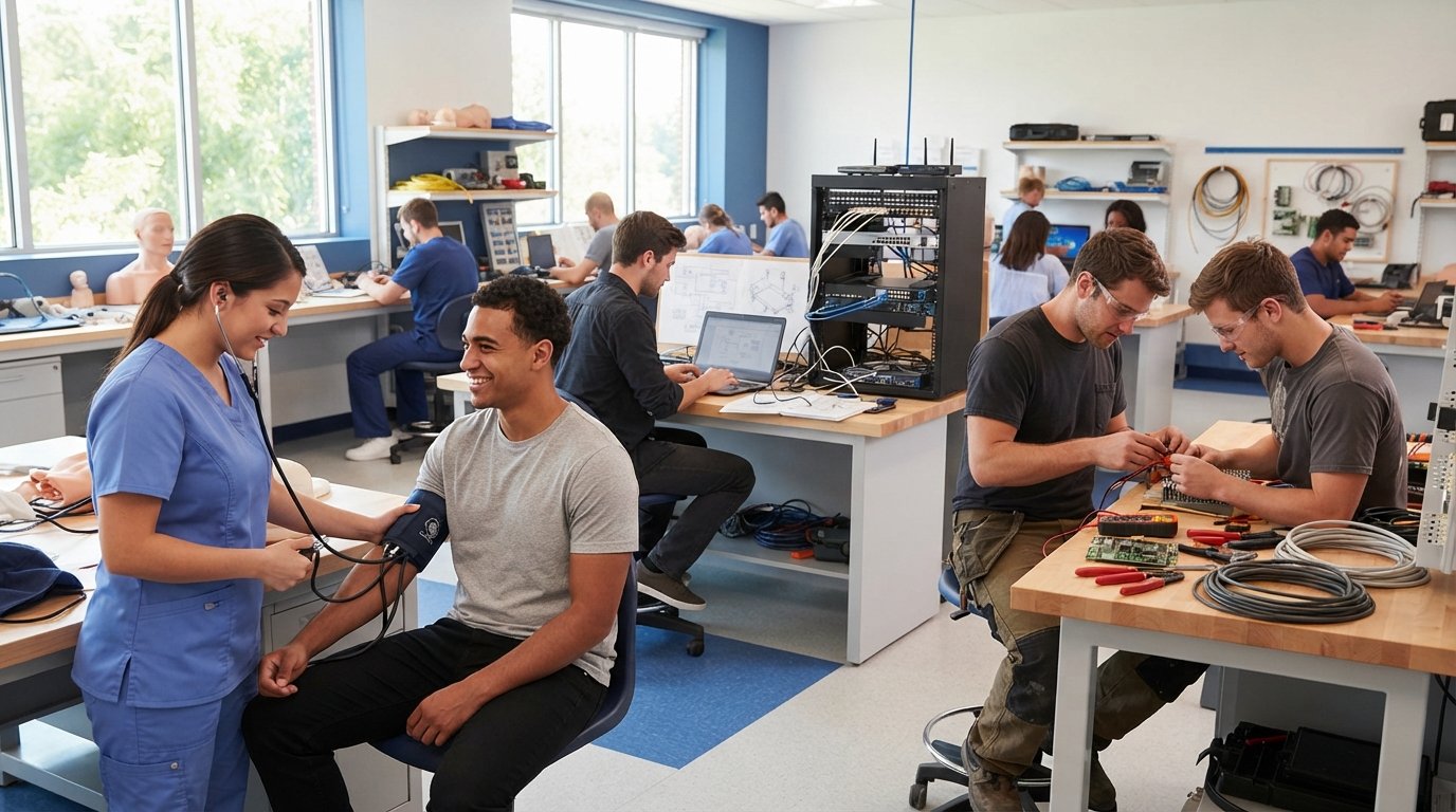 Adult students practice blood pressure cuff, review networking equipment at a laptop, and handle electrical tools at a…