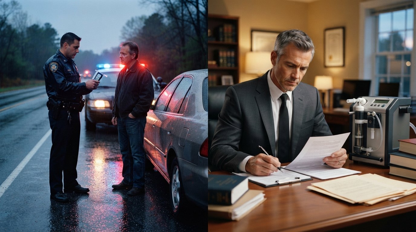 Officer holds a breathalyzer toward a driver by a sedan at dusk as a defense attorney reviews documents beside a lab breath…