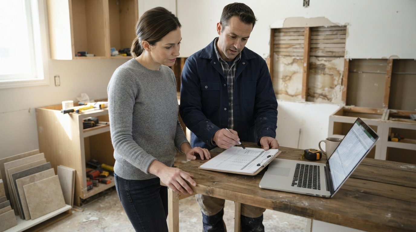 Homeowner and contractor in work clothes reviewing a revised quote on a kitchen counter beside demolished cabinets, tile…