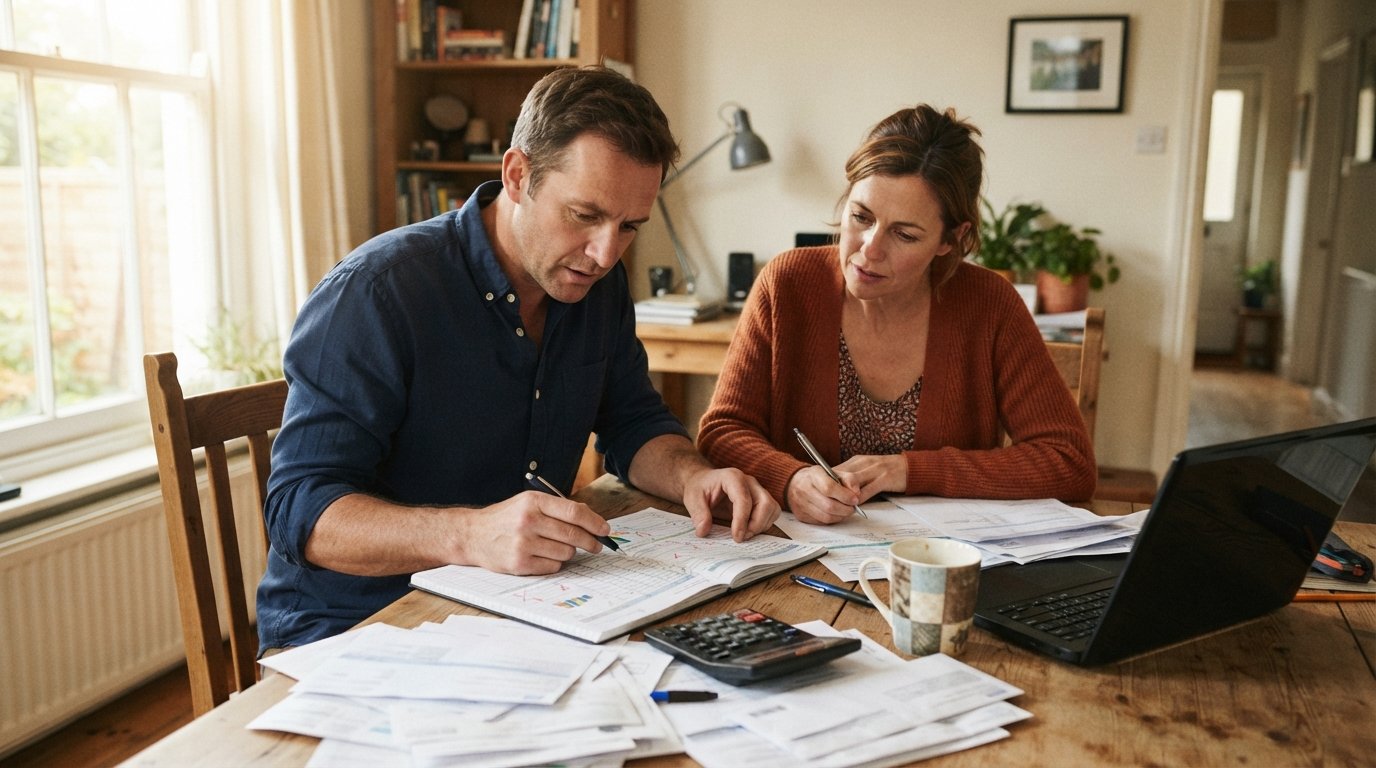 Middle-aged man with calculator and budget worksheet beside woman reviewing documents at wooden kitchen table, with bills,…
