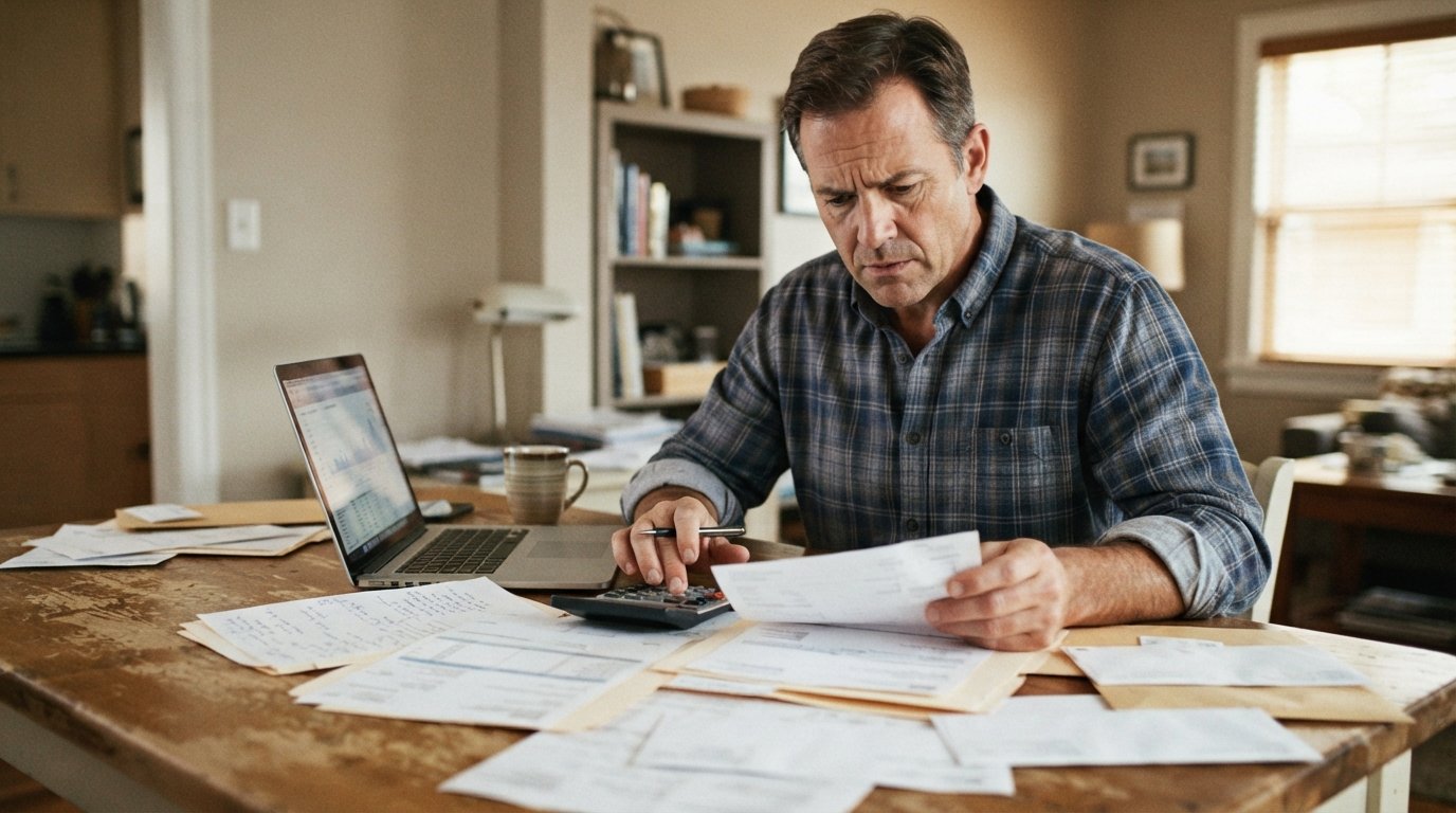 Middle-aged man in a button-down shirt sits at a wooden table reviewing papers and a calculator, with a laptop and unpaid…
