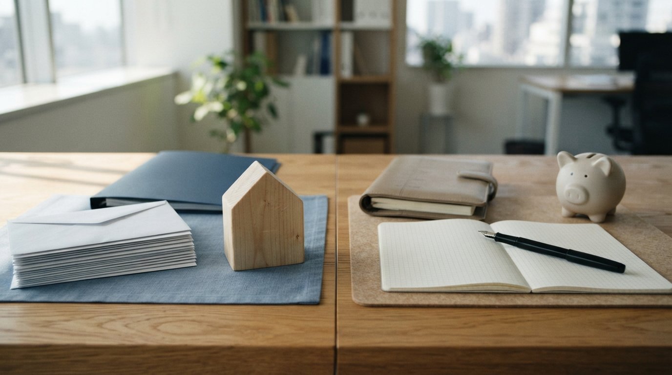 Wooden desk with sealed envelopes and a house block on the left, and a calendar, pen, and piggy bank on the right, lit by…