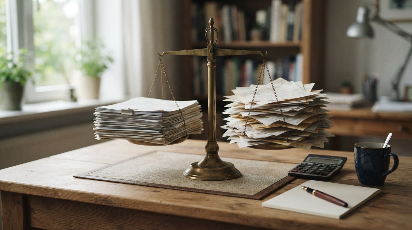 Two stacks of financial documents on a wooden desk balanced by a brass scale, with a calculator, pen, and coffee mug in…