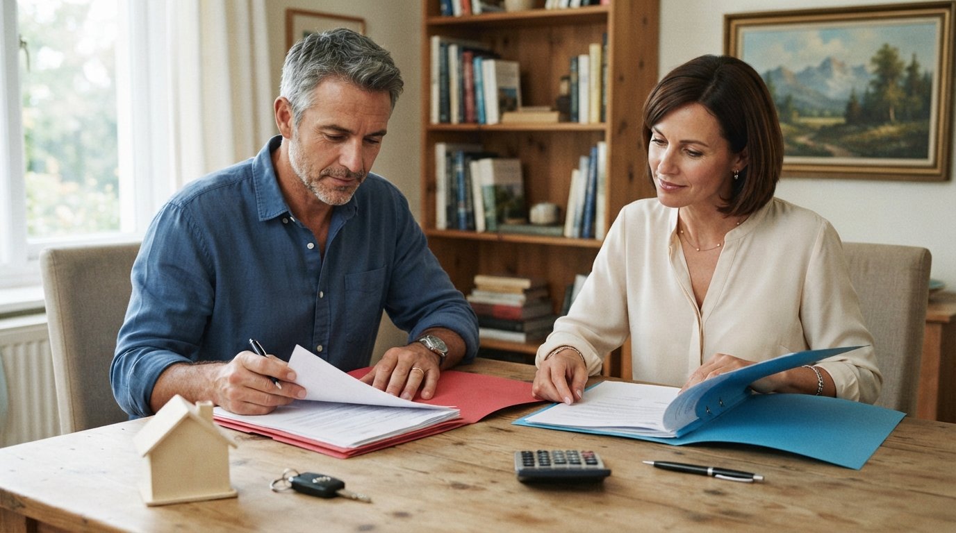 Man and woman reviewing red and blue folders at a desk with a model house, car key, calculator, and pen in a home office