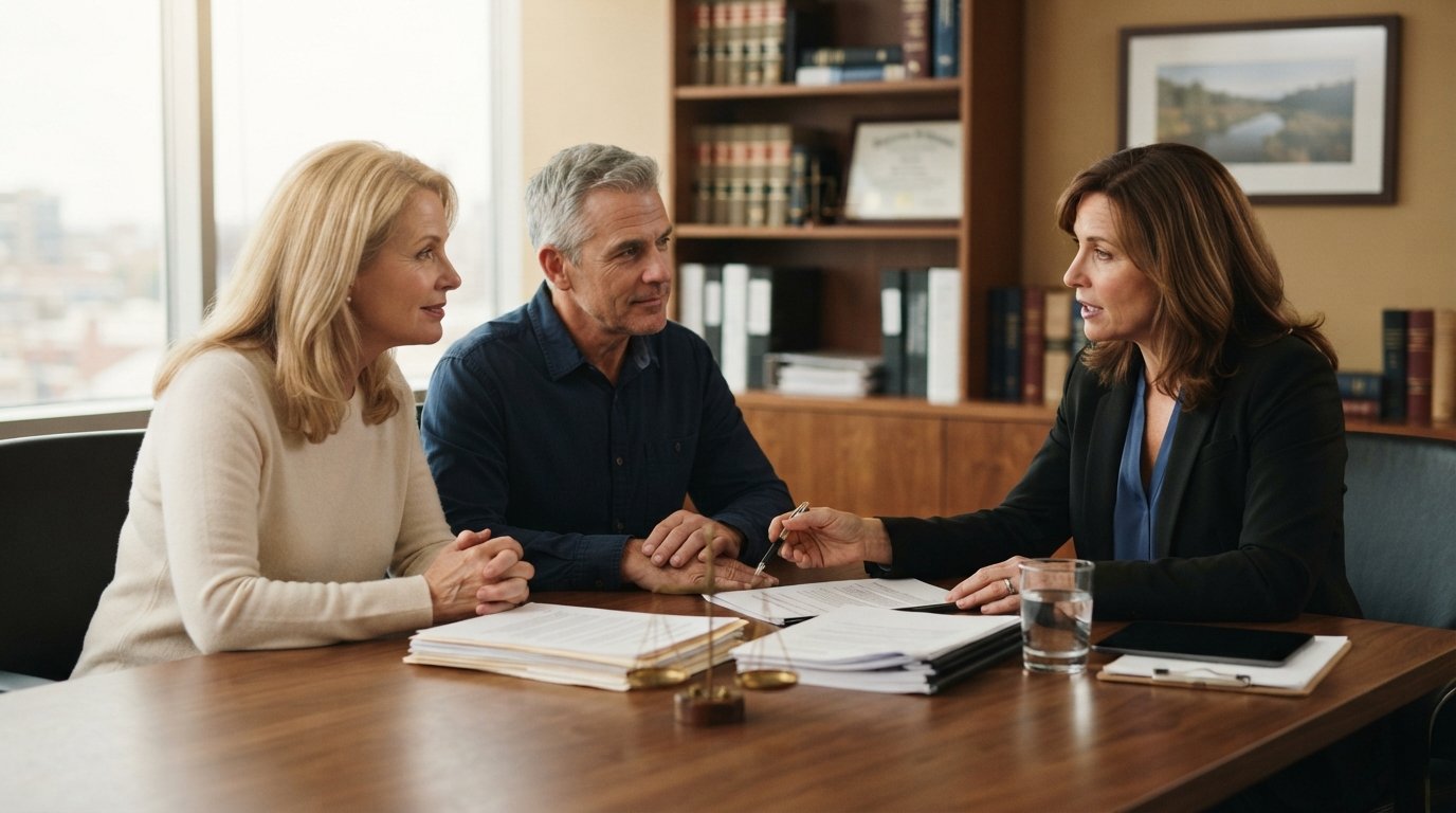 Couple seated at a wooden table with a bankruptcy attorney gesturing toward paperwork beside two document stacks and a…