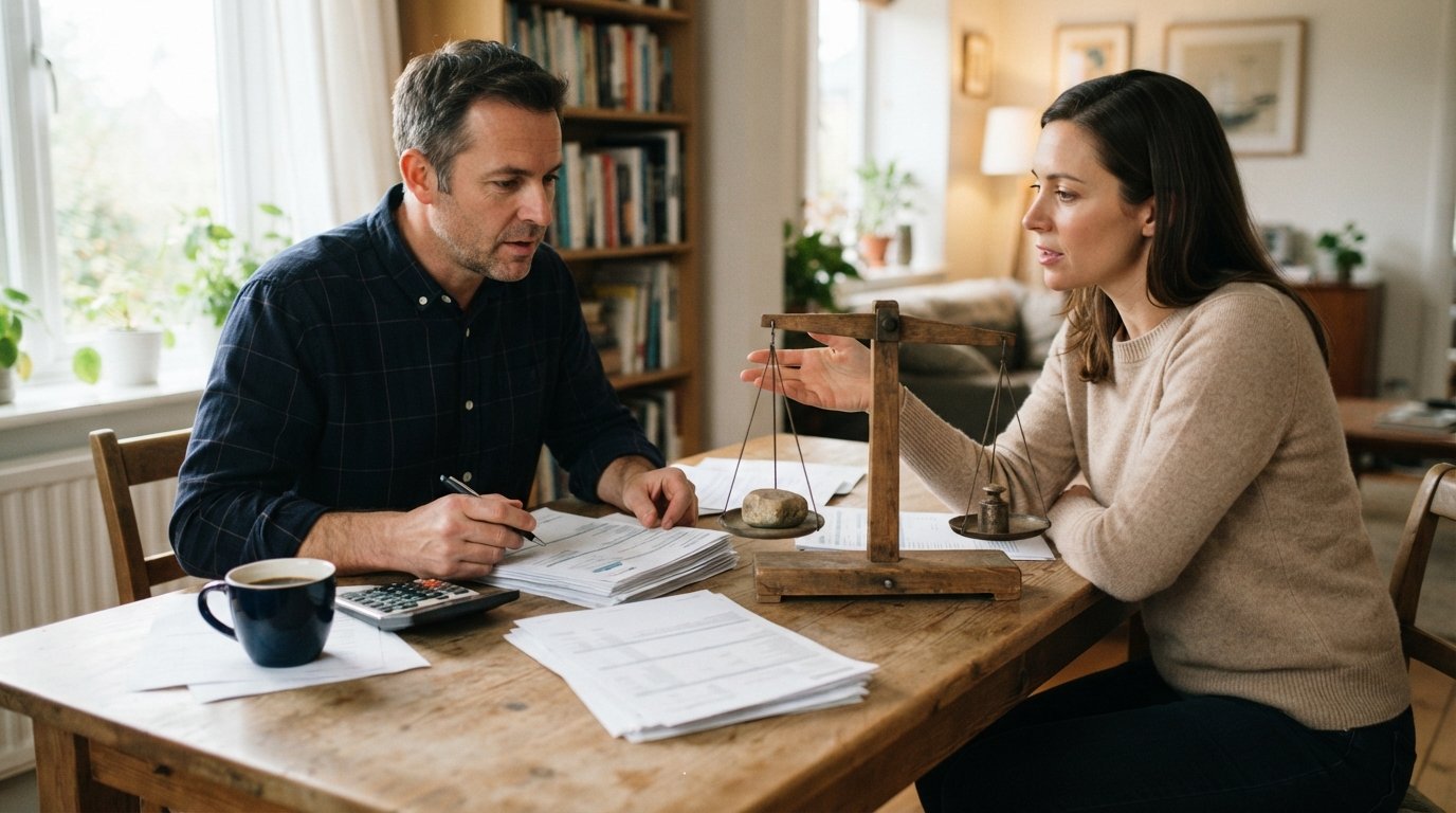 Man in button-down shirt reviewing two stacks of financial paperwork at a kitchen table with a calculator, pen, and coffee…