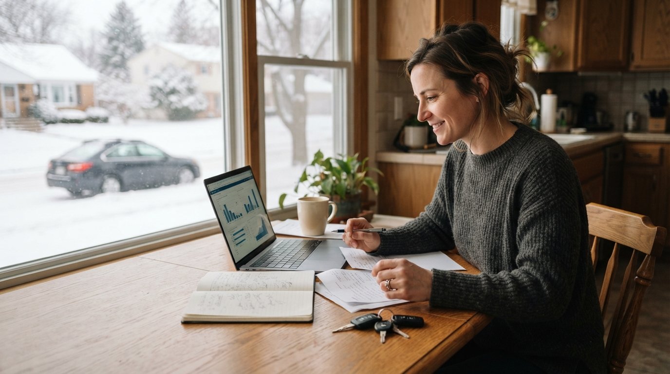 Michigan driver at a kitchen table reviewing auto insurance paperwork and comparing quotes on a laptop, car keys and coffee…