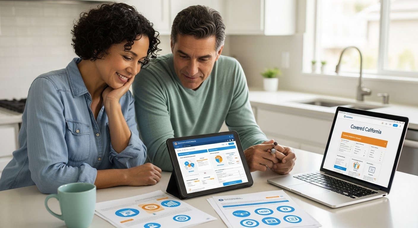 Middle-aged couple at a sunlit kitchen table looking at a tablet with side-by-side health plan options while a laptop shows…