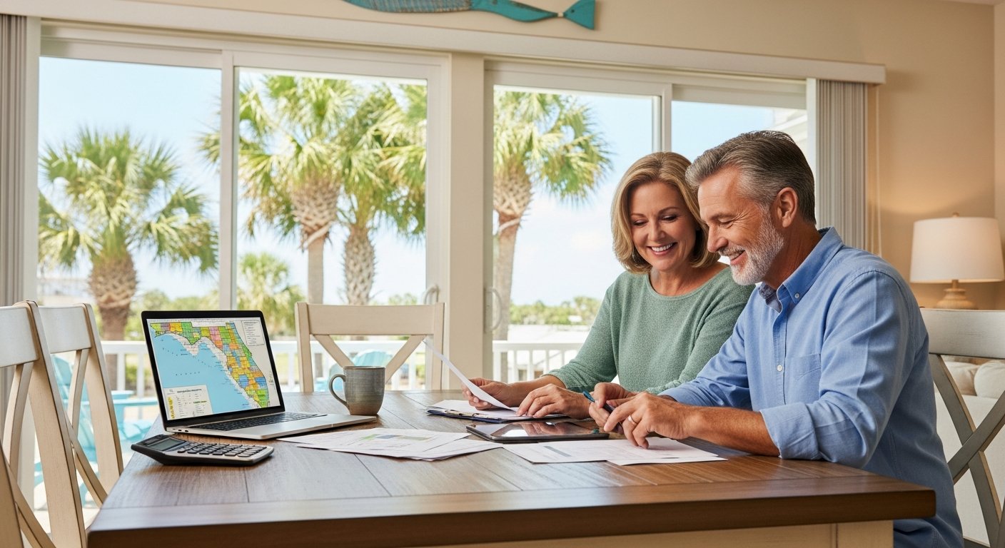 Middle-aged couple sitting at a wooden dining table with a tablet, printed documents, laptop, and calculator, sliding glass…