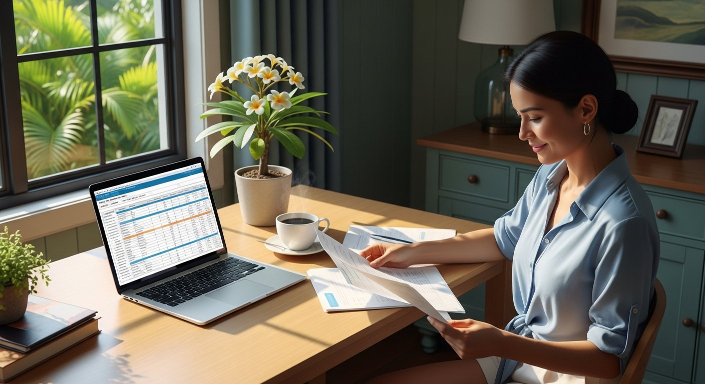 Young woman smiling at a laptop showing a health insurance chart in a sunlit Hawaiian home office with coffee and plumeria