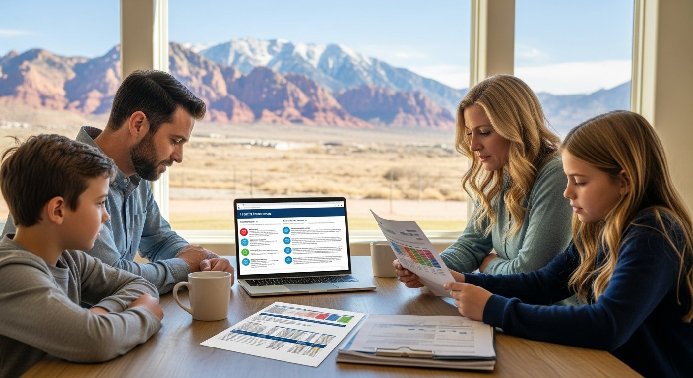 A family of four sits at a sunlit kitchen table with a laptop open to a health insurance comparison page, a coffee mug, and…