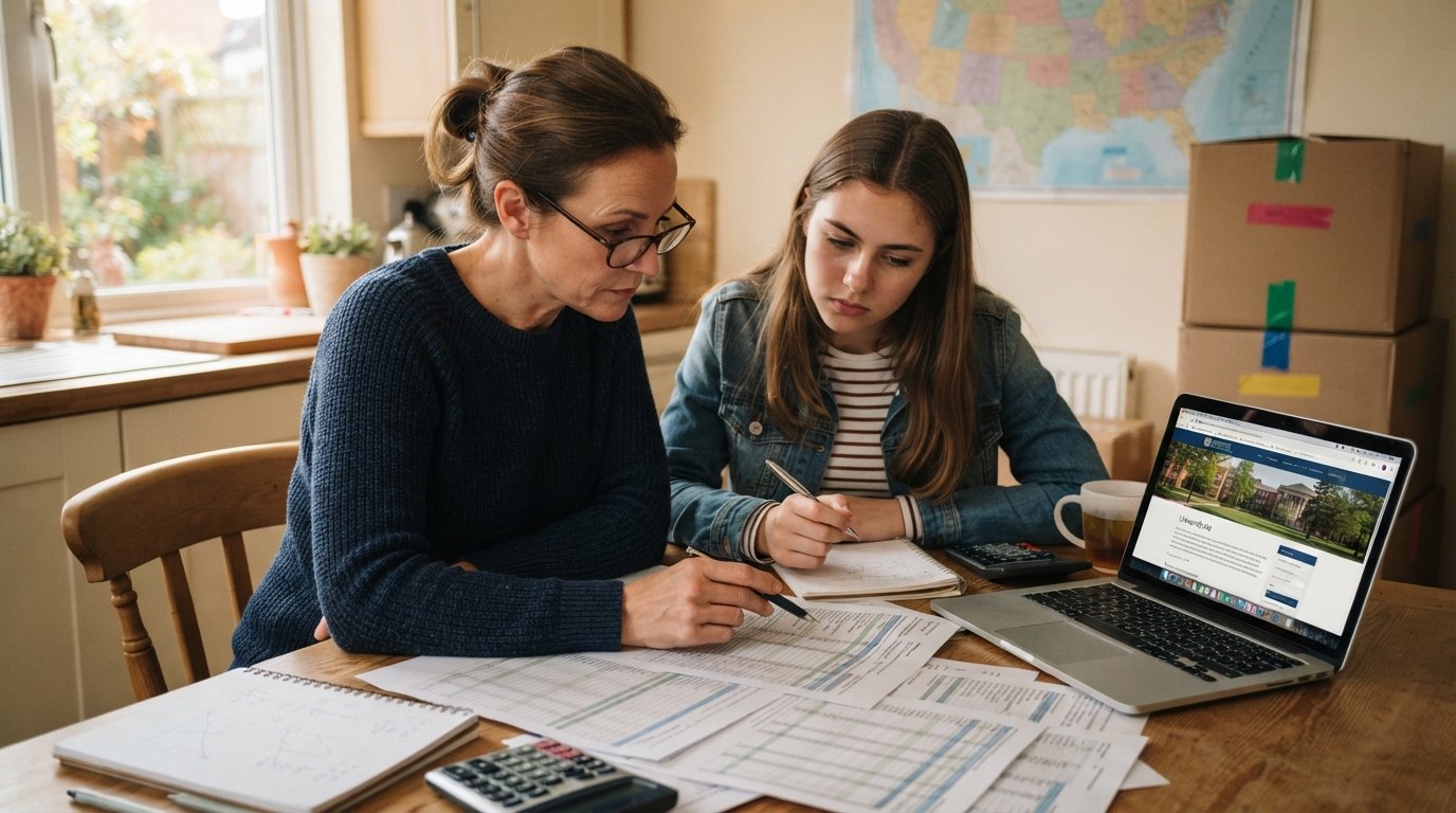 Parent and student review financial aid paperwork and tuition spreadsheets at a kitchen table with a laptop, calculator,…