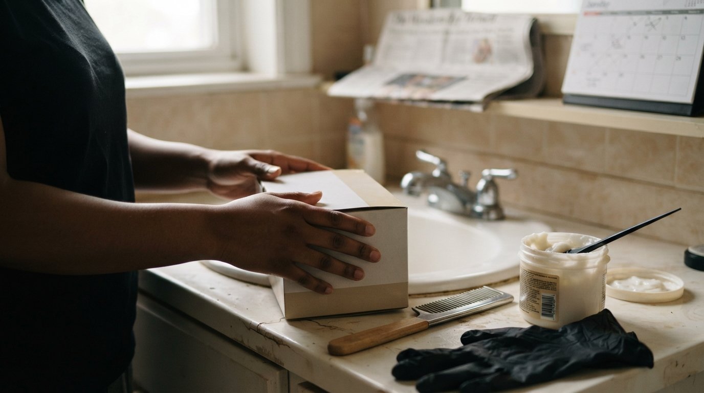 Hands holding a chemical hair relaxer kit over a bathroom sink with a straightening comb, gloves, and a jar of white cream…