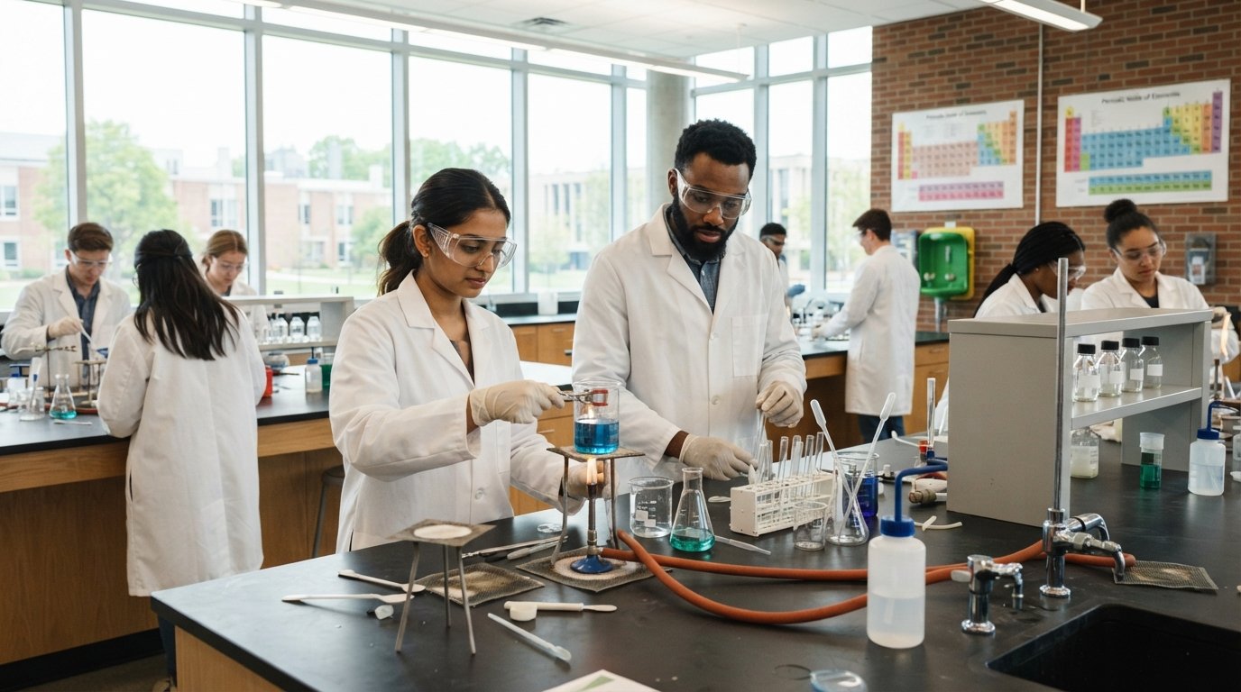 Students in lab coats and safety goggles use beakers, test tubes, and a Bunsen burner at laboratory benches in a bright…