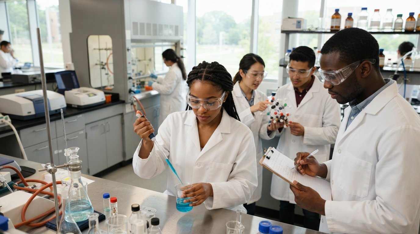 Graduate students in lab coats and safety goggles pipetting blue solution and examining a molecular model in a modern…