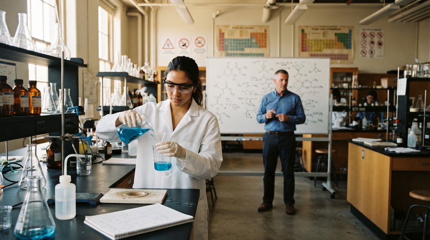 Student in white lab coat and safety goggles pours blue solution into a beaker at a black lab bench as a professor gestures…