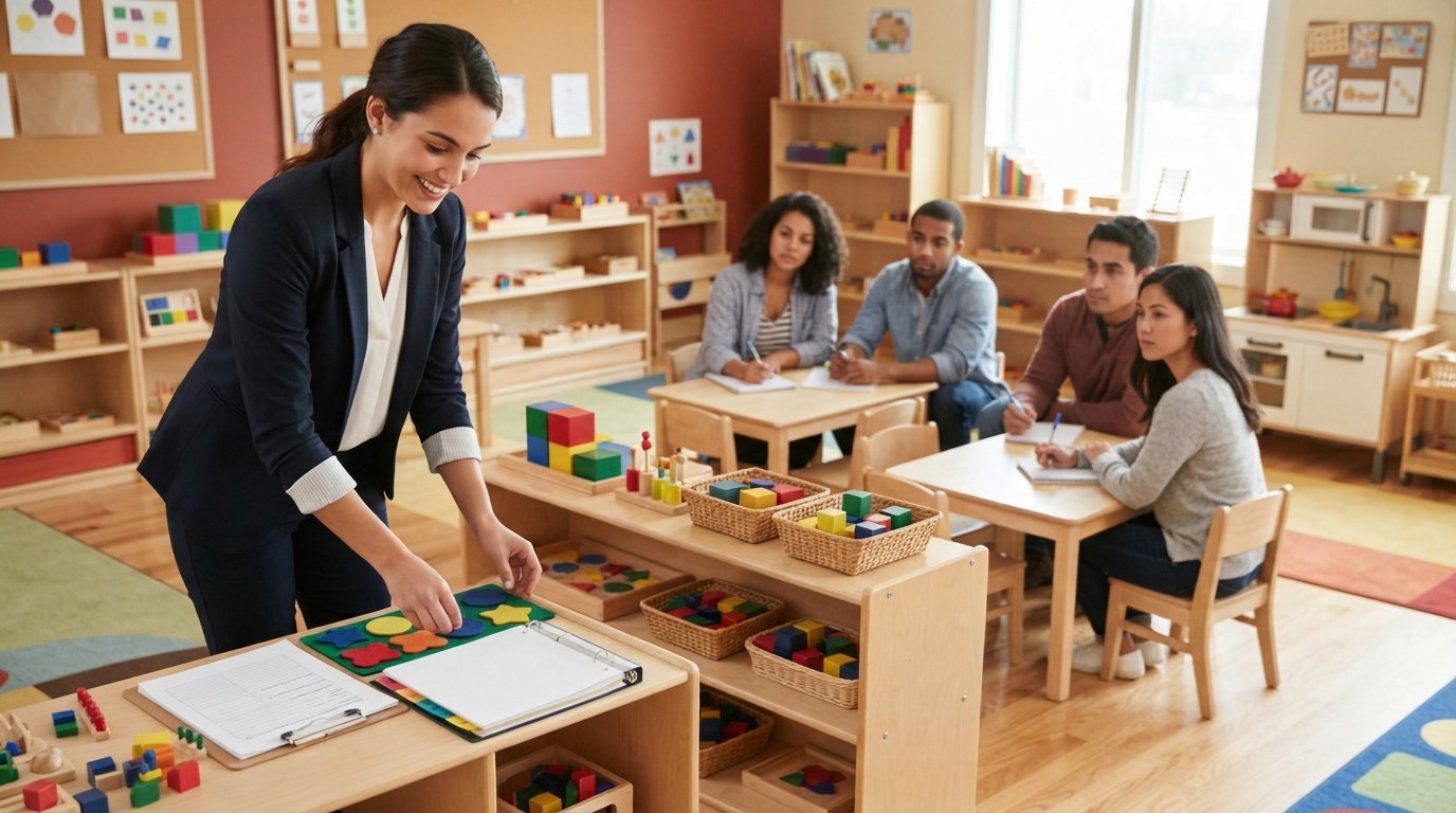 Instructor in business casual attire arranging colorful learning materials on low shelves in a bright early childhood…
