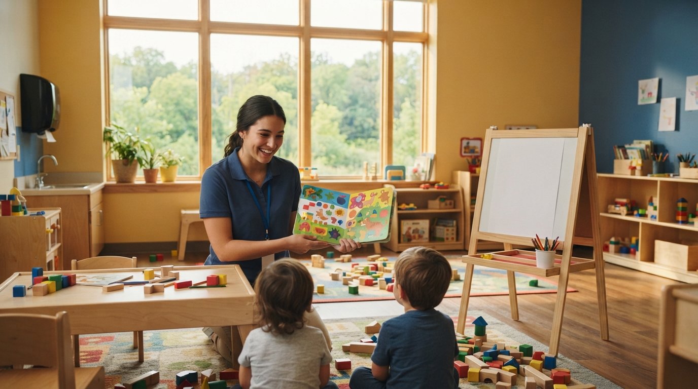 College student in a polo shirt and lanyard kneeling at a low table, reading a picture book to children in a bright daycare…