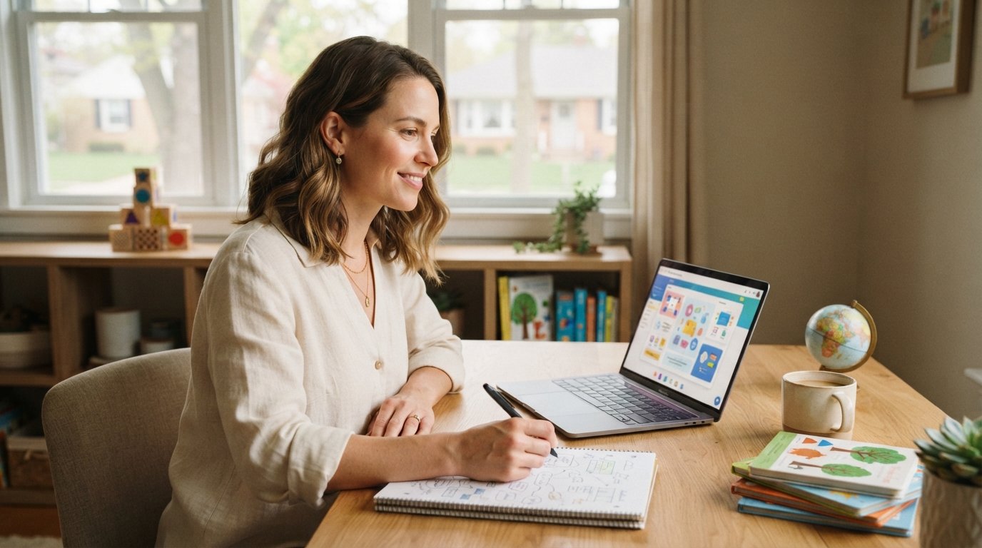 Woman in her early 30s smiling at a laptop in a home office, with children's books and a notepad nearby