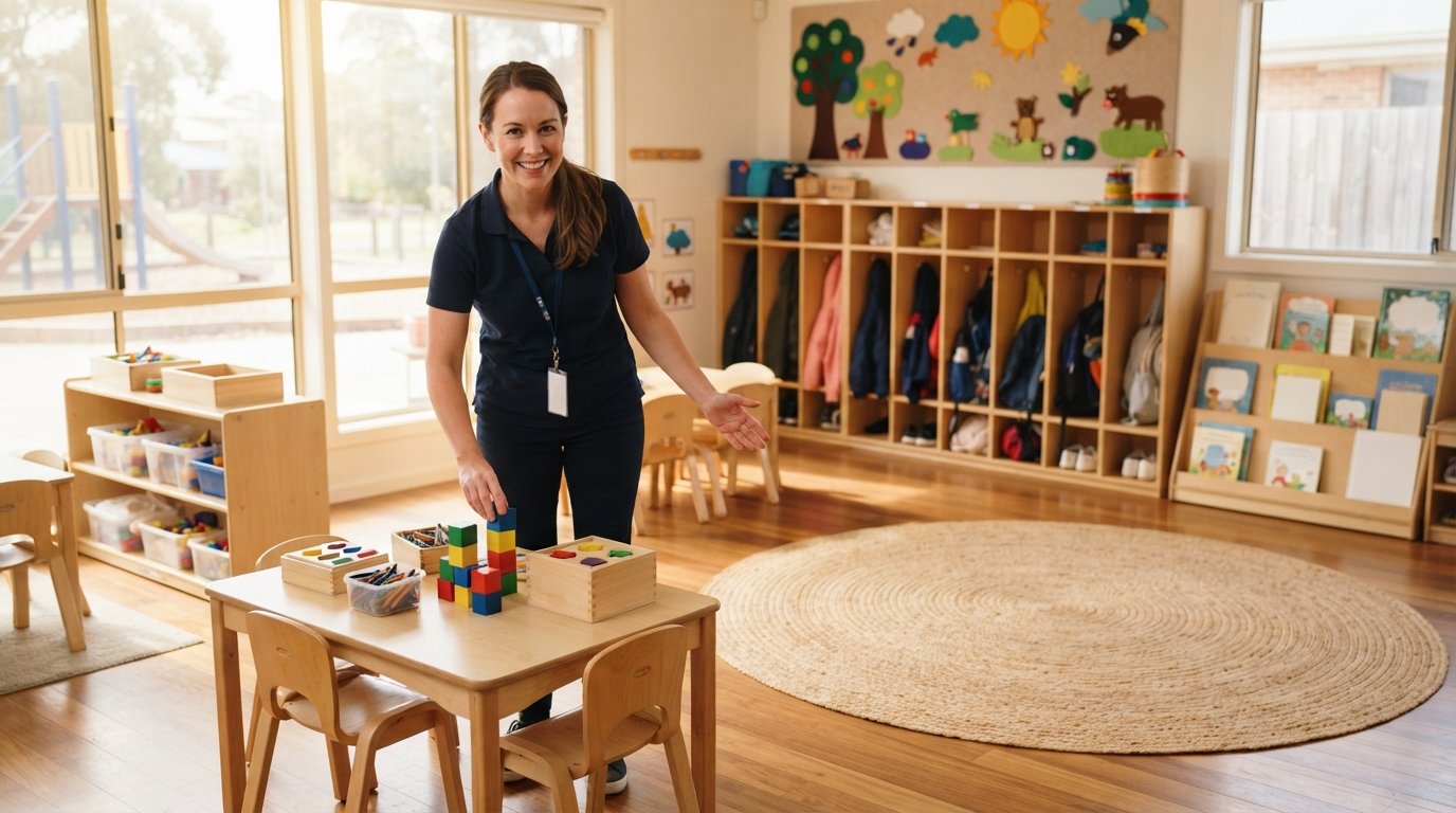 Early childhood education instructor in a navy polo arranging crayons, stacking blocks, and shape sorters beside a…