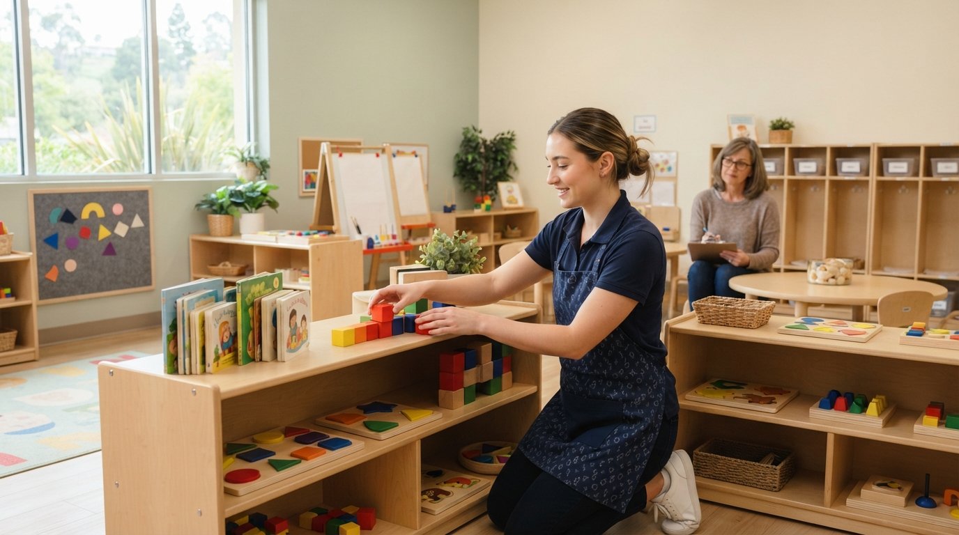 Student in navy polo and apron arranging wooden blocks and picture books on a low shelf in a bright early childhood…