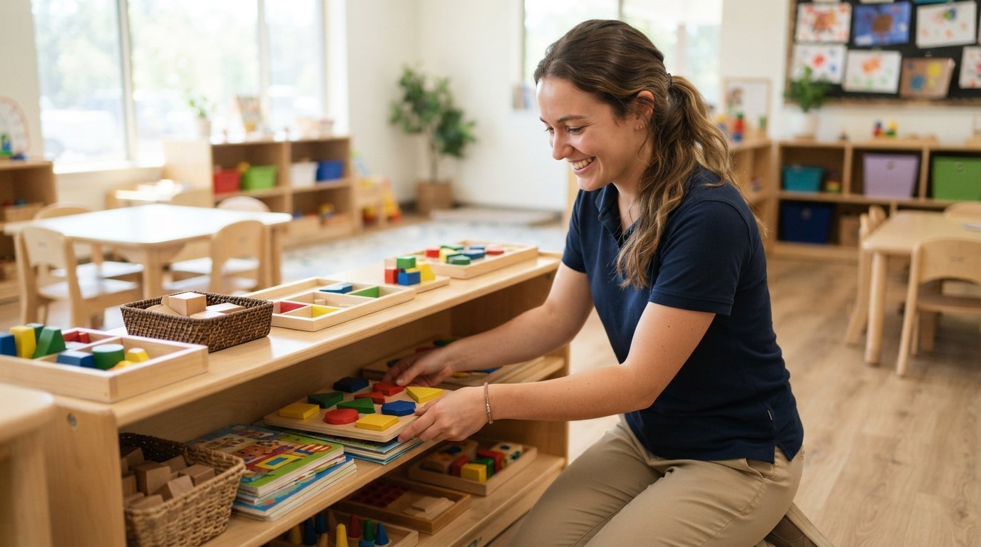 Woman in navy polo arranging picture books and colorful learning materials on a low wooden shelf in a sunlit classroom